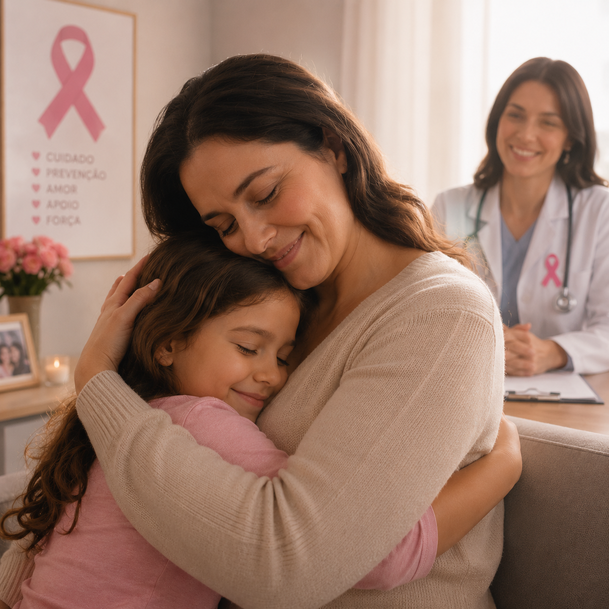 Mãe e filha se abraçando após consulta de mastologia no IOP Curitiba